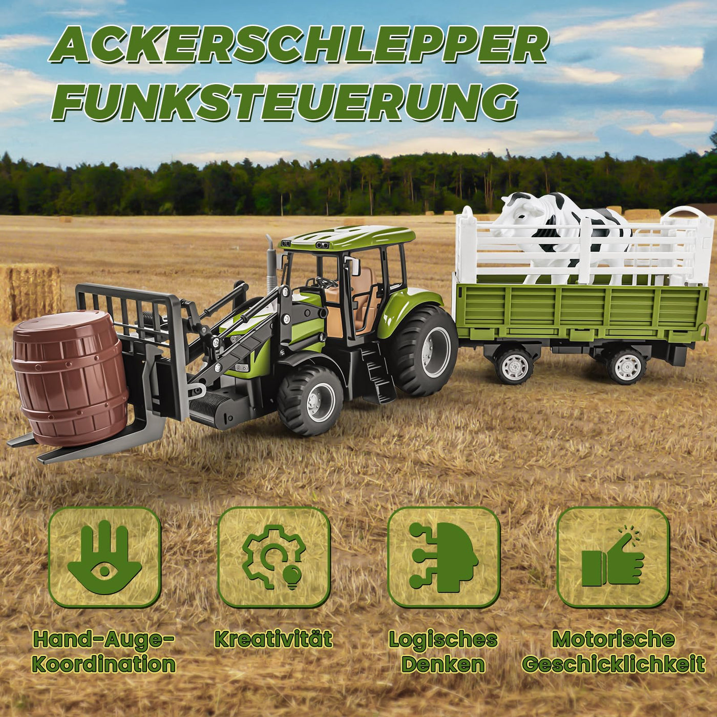 JONRRYIN Ferngesteuerter Traktor, 16 Stück Traktor mit Anhänger, 2.4 GHz Fernbedienung & App 2X Wiederaufladbare Batterien, 3X Fahrzeugfront, Kuh, Heuhaufen Bauernhof Spielzeug ab 4 5 6 7 8 9 Jahre
