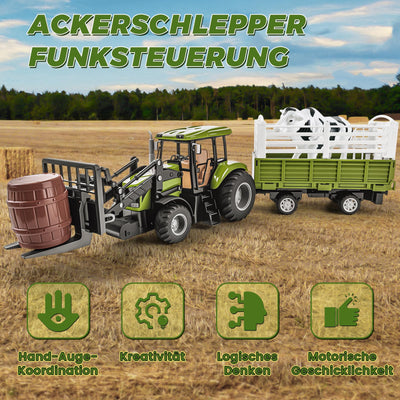 JONRRYIN Ferngesteuerter Traktor, 16 Stück Traktor mit Anhänger, 2.4 GHz Fernbedienung & App 2X Wiederaufladbare Batterien, 3X Fahrzeugfront, Kuh, Heuhaufen Bauernhof Spielzeug ab 4 5 6 7 8 9 Jahre