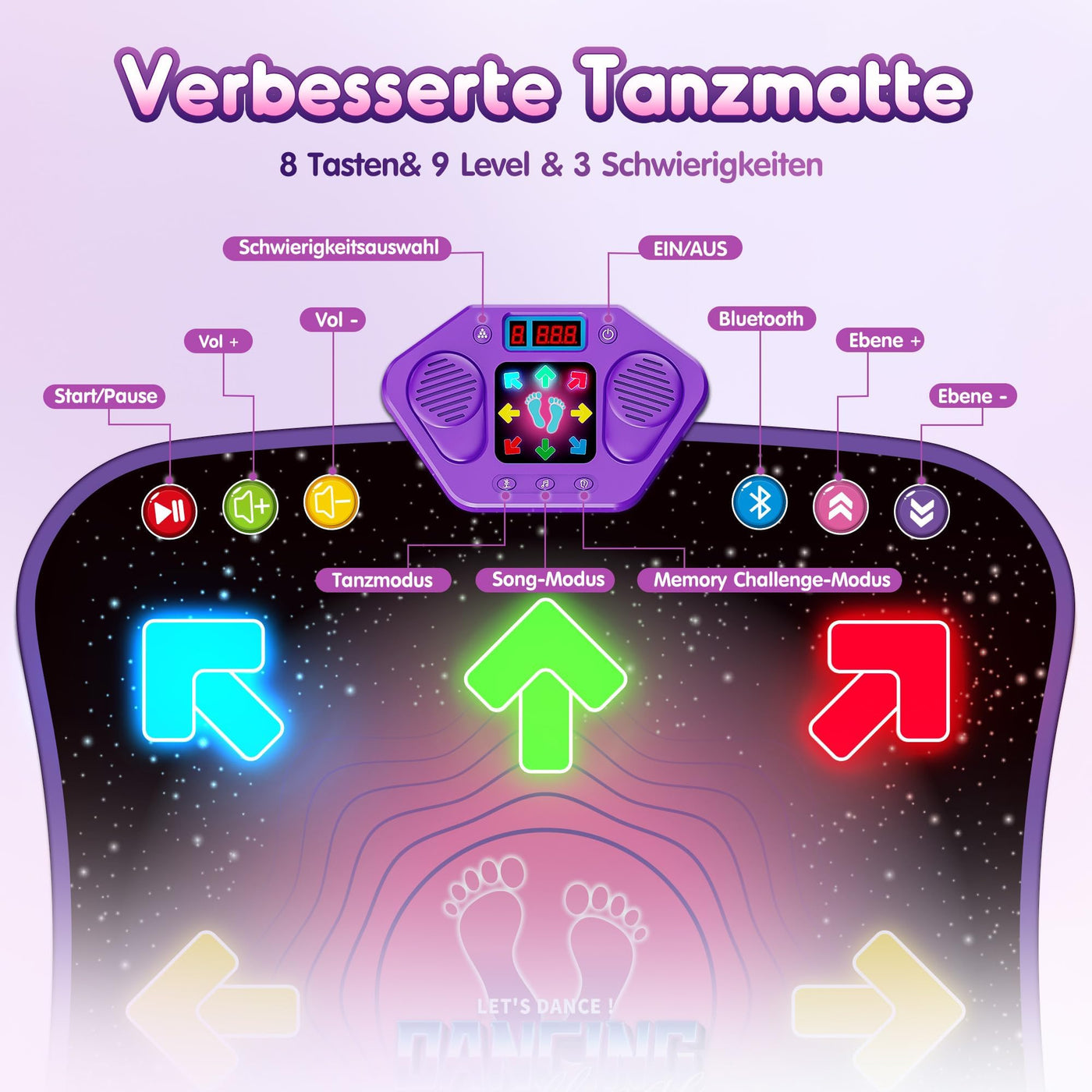 Hot Bee Tanzmatte für Kinder ab 6-8 Jahre Geschenke für Mädchen Tanzmatte mit Bluetooth Beleuchtete Musikmatte Spielzeug Kinder für Alter 3 4 5 7 9 Kinderspielzeug Jungen Geschenkideen Geburtstag