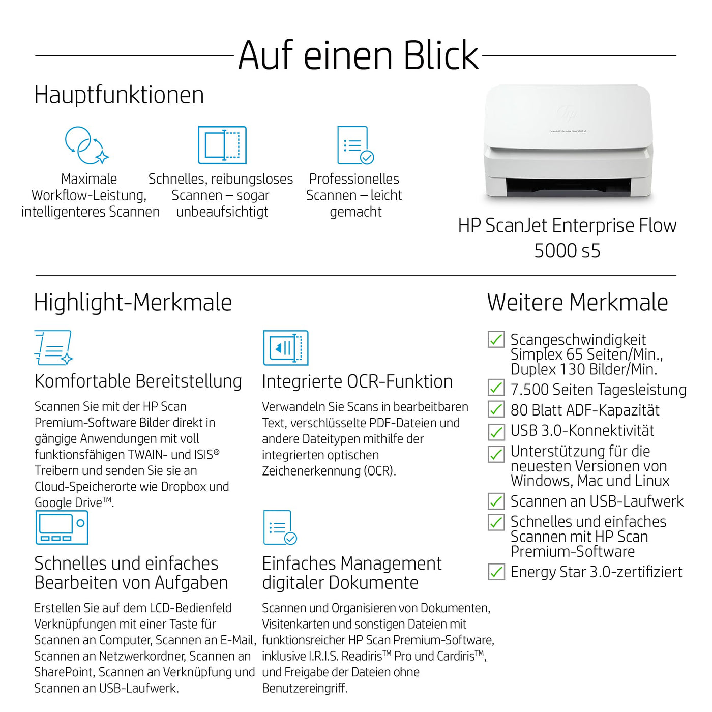 HP ScanJet Enterprise Flow 5000 s5, Scanner, Einzelblattzufuhr, 80-Blatt ADF, USB, bis zu 7.500 Seiten täglich