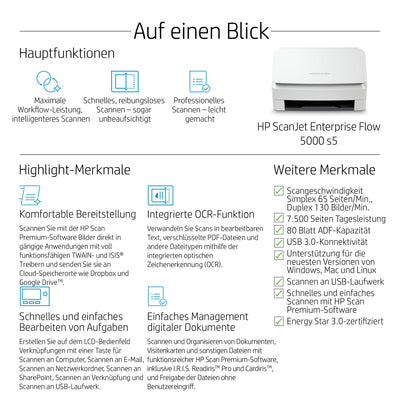 HP ScanJet Enterprise Flow 5000 s5, Scanner, Einzelblattzufuhr, 80-Blatt ADF, USB, bis zu 7.500 Seiten täglich