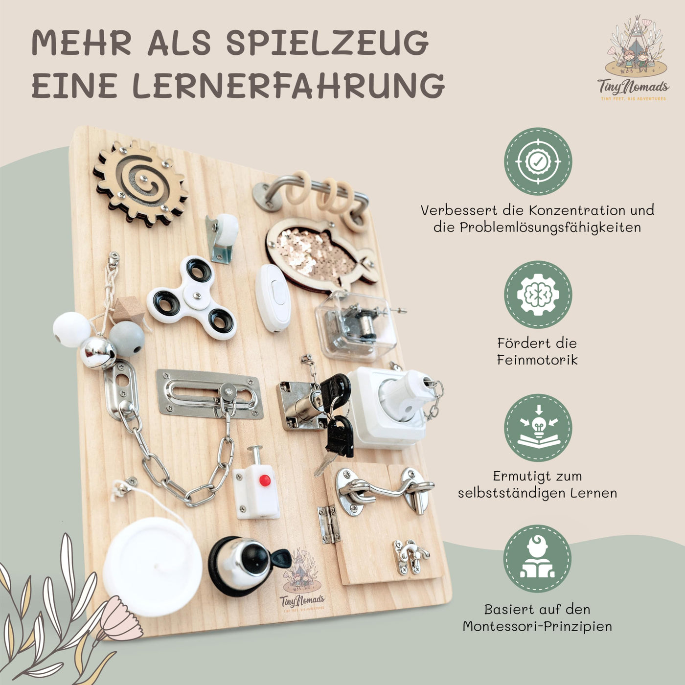 Tiny Nomads Montessori Busy Board motorikbrett ab 1 2 3 4 Jahr - Motorikboard für Baby Sensorik Activity Board holzspielzeug Autismus & ADHS geeignet