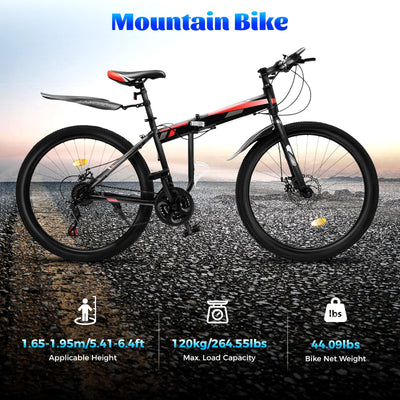26 Zoll Faltrad 21 Gang MTB Mountainbike Faltrad Junior Fahrrad, geeignet für Outdoor-Touren Wandern, große Hilfe für Radfahren Enthusiasten (Schwarz/Rot)