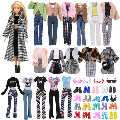 30 Kleidung Kompatibel mit Barbie Puppen, 1 Tausend Vogel Karo Mantel 2 Wintermäntel 4Oberteile 1Pullover 2 Röcke 3 Hosen 1 Hut 2 Brillen 4 Sneakers 10High Heels, für 11,5 Zoll Mädchen Puppen Zufällig