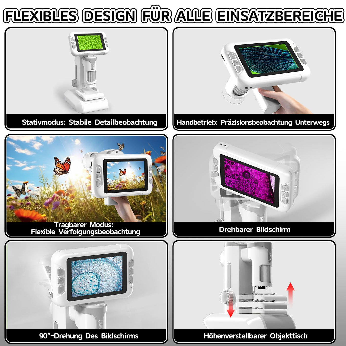 Charmofun Mikroskop für Kinder, Digitales Mikroskop mit 4 Zoll LCD-Display und 1600X Große Vergrößerung, Microscope for Kids mit 64GB Speicherkarte, Foto-und Videoaufnahme, Hand-und Stativfunktion