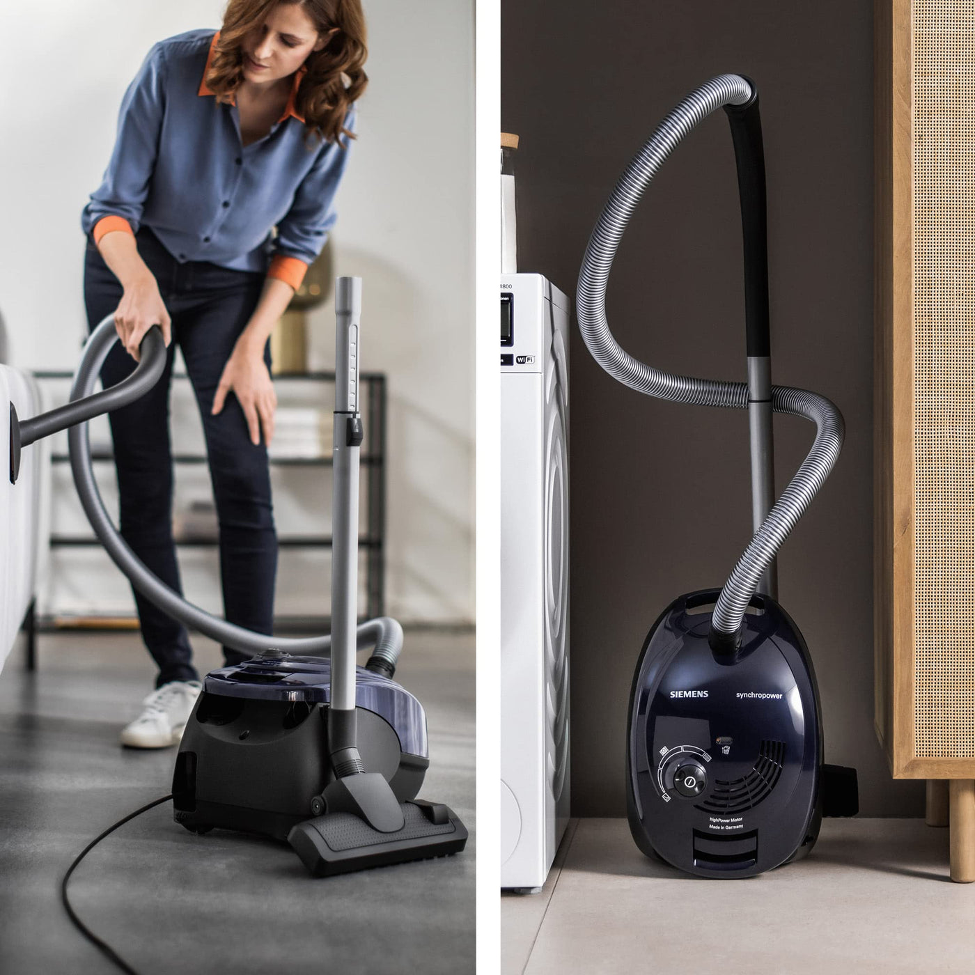 Siemens Staubsauger mit Beutel synchropower VS06A111, Bodenstaubsauger, Hygiene-Filter, Bodendüse für Hartboden und Teppich, starke Saugleistung, langes Kabel, Fugendüse, 600 W, blau