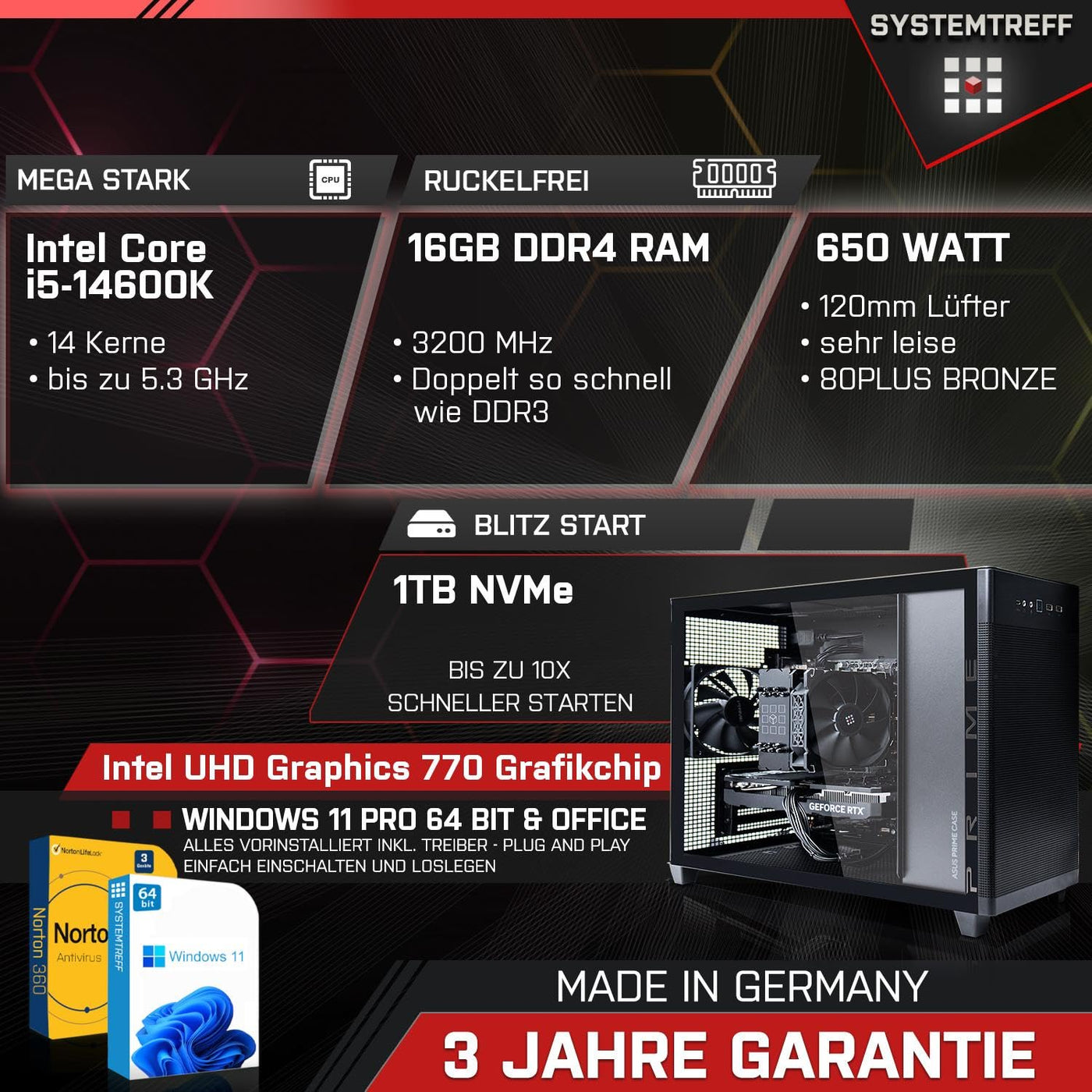 SYSTEMTREFF Mini PC Intel Core i5-14600K 14x5.3GHz | UHD 770 4K HDMI DX12 | 1TB M.2 NVMe | 16GB DDR4 RAM | WLAN Silent Desktop Computer Rechner für Büro Business Multimedia