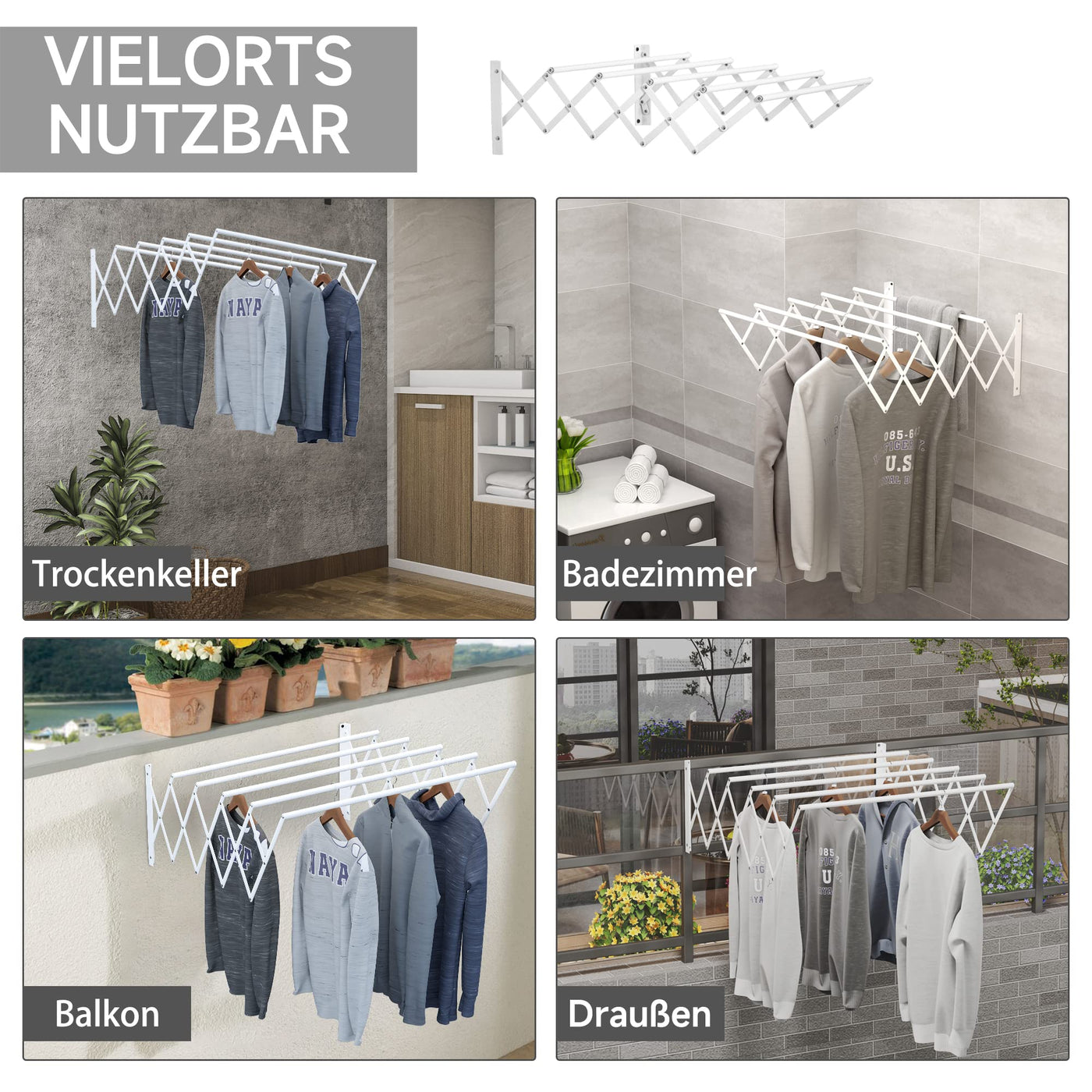 HOMCOM Wandtrockner Wäscheständer für Wandmontage Wandwäschetrockner ausziehbar klappbar platzsparender Wäschereck für kleine Haushalte für drinnen und draußen Metall Weiß 63,5 x 60 x 20 cm