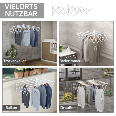 HOMCOM Wandtrockner Wäscheständer für Wandmontage Wandwäschetrockner ausziehbar klappbar platzsparender Wäschereck für kleine Haushalte für drinnen und draußen Metall Weiß 63,5 x 60 x 20 cm