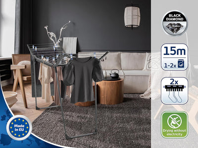 Leifheit Standtrockner Pegasus 150 Solid Black Edition, standfester Wäscheständer mit Flügeln auch für lange Kleidungsstücke, besonders schmaler Flügelwäschetrockner passt auch durch enge Türen