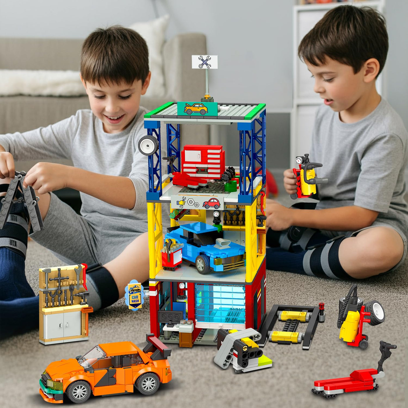 HOGOKIDS 3 IN 1 City Auto Garage Bausteine, 1022 Teiles Technik Autowerkstatt, Waschanlage, Werkstatt mit 2 Autos Bausatz Mechanic Reparatur Baustelle Spielzeug Geschenk für 10+ Jungen Kinder Mädchen
