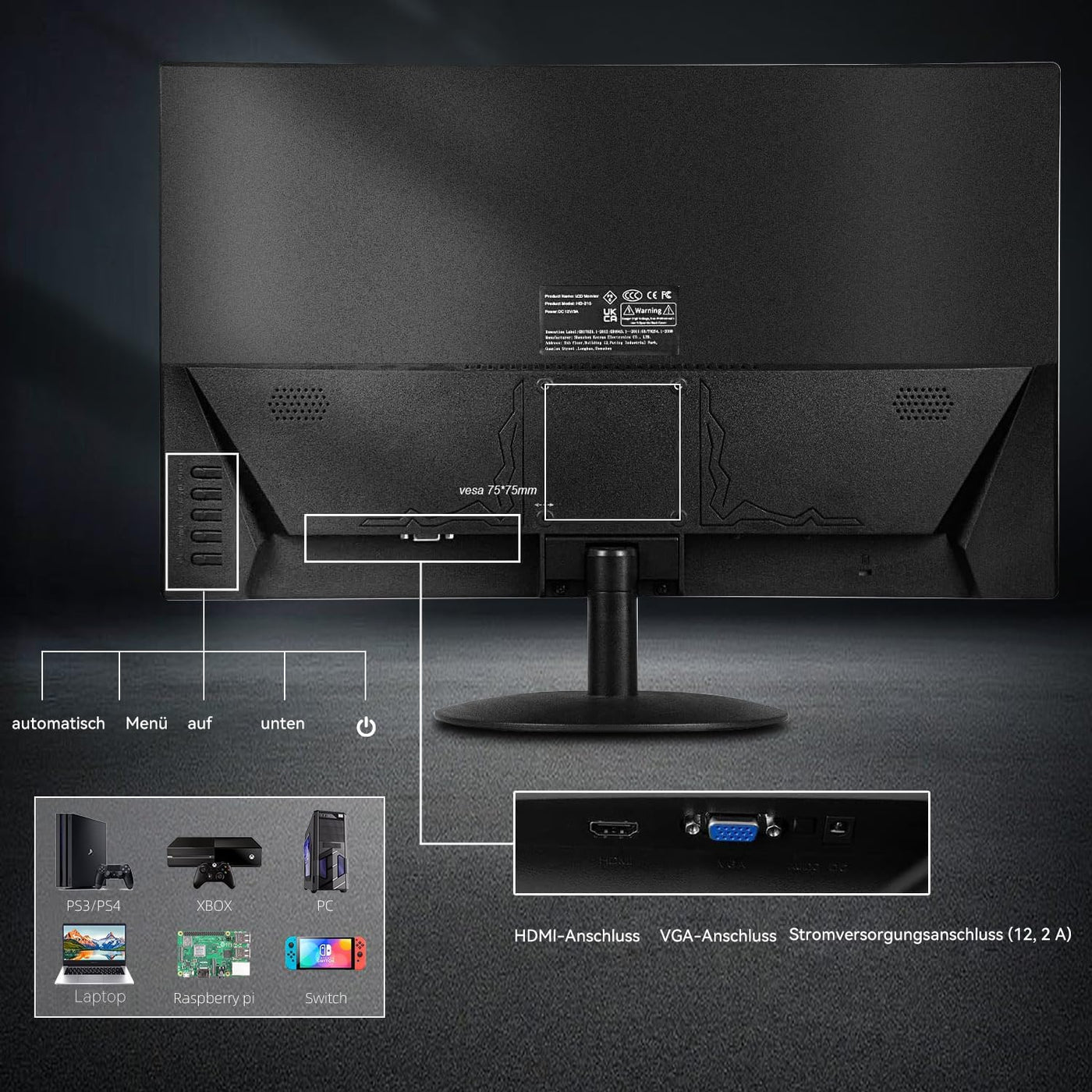 PC Gaming Monitor 21,5 Zoll Computerbildschirm 75Hz, Full HD 1920 x 1080p Business Bildschirm LED Desktop Monitor, Computer Monitor mit HDMI und VGA Anschlüssen, VESA kompatibel, Augenschutz, flimme