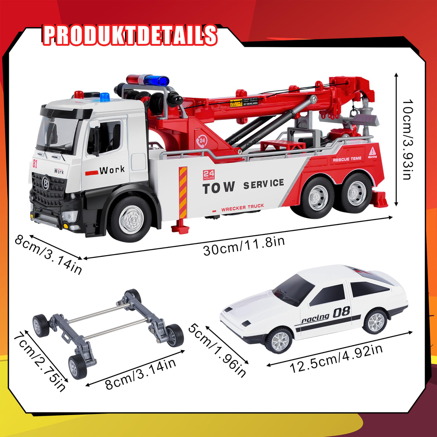 Charmofun Abschleppwagen Spielzeug Kinder, Transporter Lastwagen mit Beweglichem Kran, Recovery Abschlepper Spielzeug mit Licht und Sounds, Geschenk Vielseitiger Abschleppauto für Kinder ab 3 Jahren