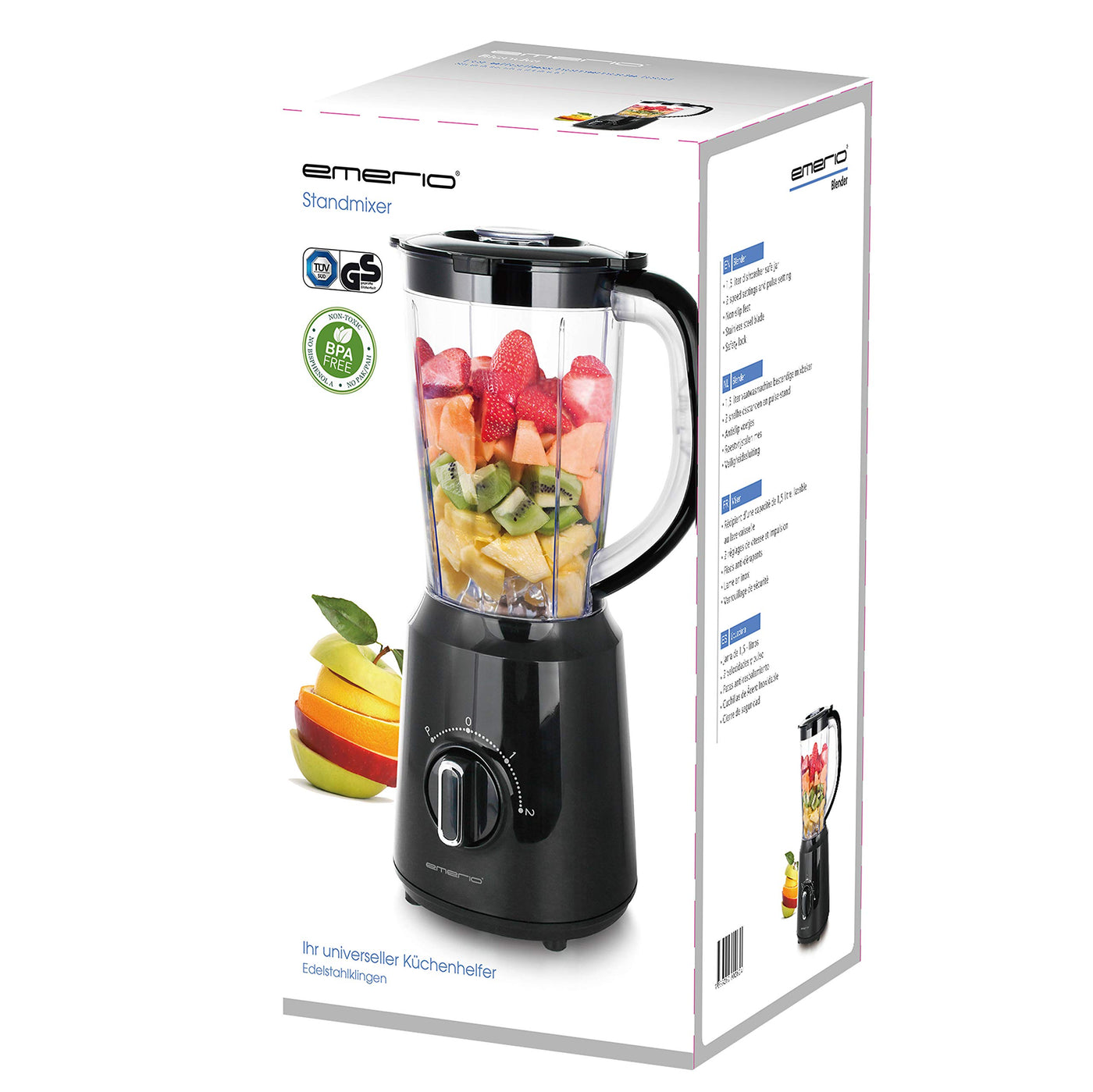 Emerio Standmixer BPA frei Crush Ice Funktion 1.5l Behälter 2 Geschwindigkeiten + Pulse Funktion Messereinheit aus Edelstahl Sicherheitsschalter geschirrspülgeeignet 500 Watt BL-12816.8 Schwarz