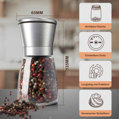 KitchenBoss Salz und Pfeffermühle 2er Set：Gewürzmühle Einstellbar Salzmühle für Grobes Salz, Salt and Pepper Grinder mit Keramikmahlkern, für Salz, Pfeffer, Chilli (Unbefüllt)