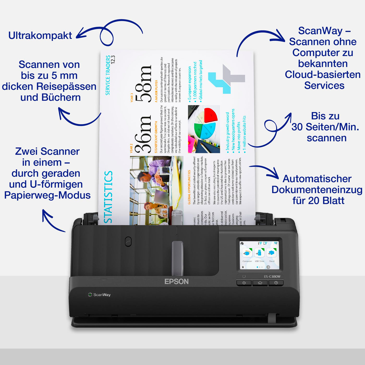 Epson Netzwerk Scanner ES-C380W, kompakter A4 Business Scanner mit geringem Stromverbrauch, Duplex-Einzugscanner mit vielseitiger Medienverarbeitung, schwarz