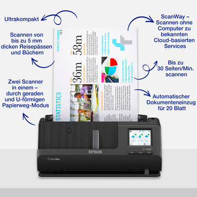 Epson Netzwerk Scanner ES-C380W, kompakter A4 Business Scanner mit geringem Stromverbrauch, Duplex-Einzugscanner mit vielseitiger Medienverarbeitung, schwarz