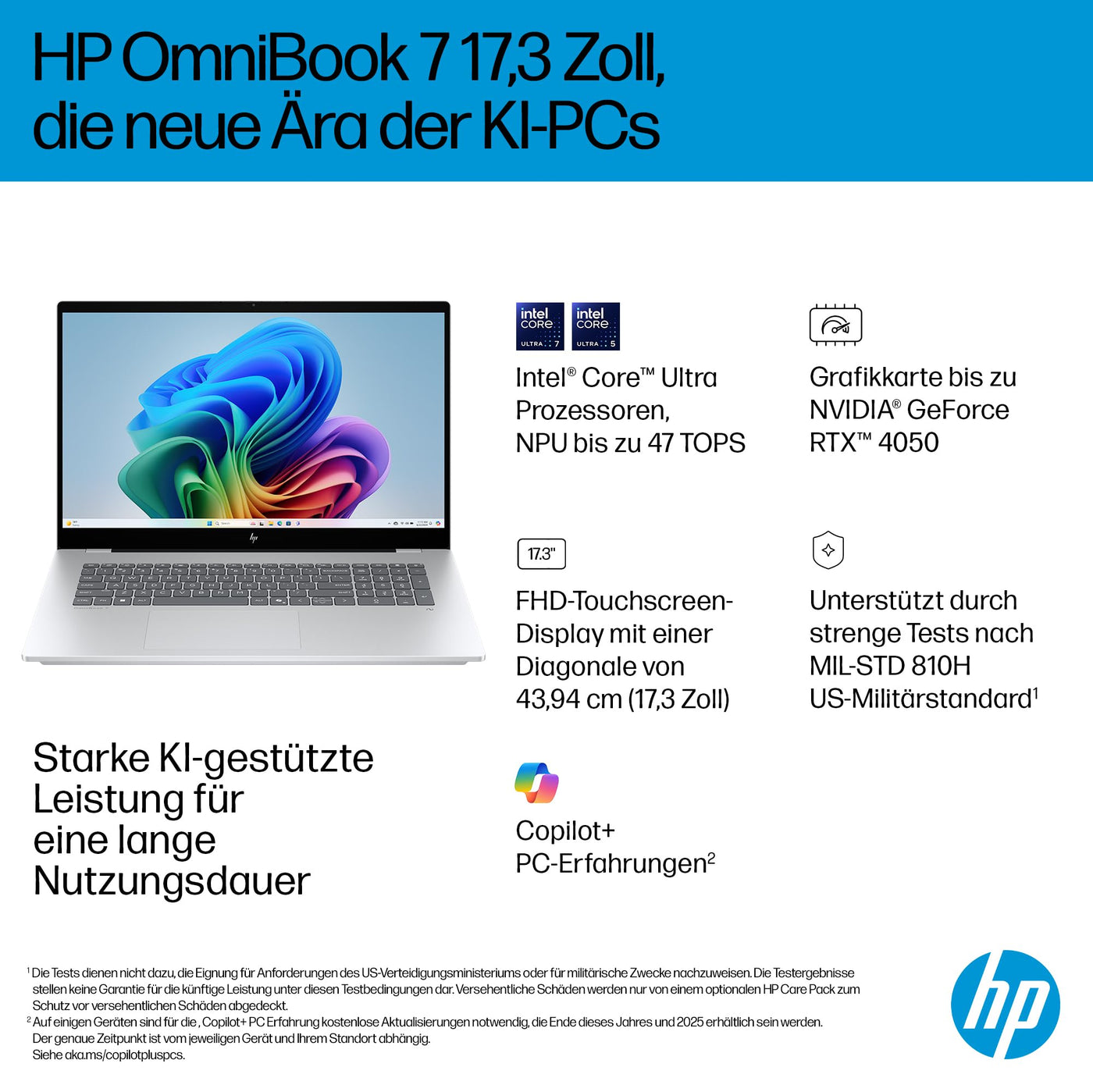 HP OmniBook 7 Next Gen AI PC, Copilot+ PC, 17.3 Zoll FHD Touch Display, Intel Core Ultra 7 258V (47 Tops), 32GB LPDDR5x RAM, 1TB PCIe Gen4 SSD, Intel Arc 140 V GPU, QWERTZ, Windows 11, Silber