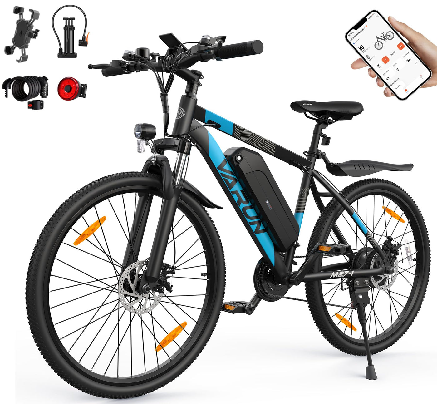 VARUN E Bike, 27.5" E-Bike Herren Damen mit 48V 13Ah(624Wh) Akku, Reichweite 100KM, 250W Motor, E-Mountainbike mit APP-Kontrolle, USB-Aufladung, 21-Gang, LCD-Display, Elektrofahrrad für Erwachsene