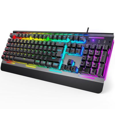 TECKNET RGB Gaming Tastatur für PC, Membran Tastatur mit 105 Tasten, Vollmetall-Pane, Handgelenkauflage,15-Zonen RGB Beleuchtung, 25 Anti-Ghosting-Tasten, Computer Keyboard, Deutsches Layout(QWERTZ)