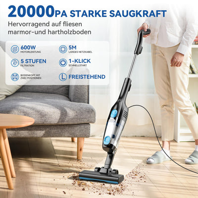 Staubsauger, Stielstaubsauger mit Kabel Handstaubsauger 20Kpa 600W, 3 in 1 Staubsauger Beutellos mit 5m Kabel, Staubsauger ohne Beutel Vacuum Cleaner Anti-Tangle für Tierhaare Teppich Harter Böden