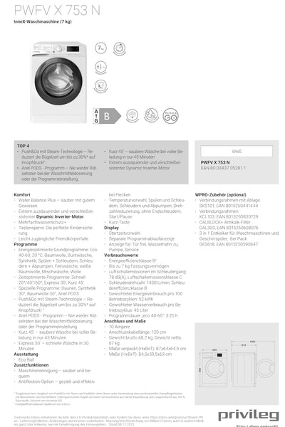 Privileg PWFV X 753 N Waschmaschine Frontlader/1400 U/min/7 kg/EEK B/Push & Go Steam/Schnell 20°/40°/60°, Express 30', Kurz 45'/Inverter-Motor/Mehrfachwasserschutz/Water Balance Plus