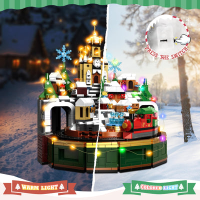 Charmofun Weihnachtsschloss Bausatz, Weihnachten Bauspielzeug Rotierbar mit Licht und Musik, Weihnachtsdorf Achterbahn Bausteine mit Weihnachtsbaum Zug für Erwachsene Kinder Jahren 8+
