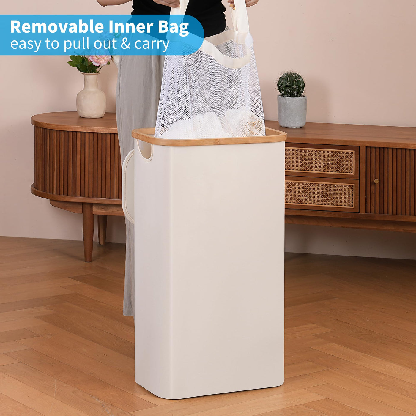 efluky Wäschekorb Schmal 63L, Schlanker Wäschekorb mit Deckel, Beige Faltbare Wäschebehälter mit Bambusgriffen und abnehmbarem Beutel für Waschküche, Schlafzimmer, Badezimmer