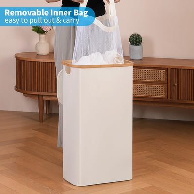 efluky Wäschekorb Schmal 63L, Schlanker Wäschekorb mit Deckel, Beige Faltbare Wäschebehälter mit Bambusgriffen und abnehmbarem Beutel für Waschküche, Schlafzimmer, Badezimmer