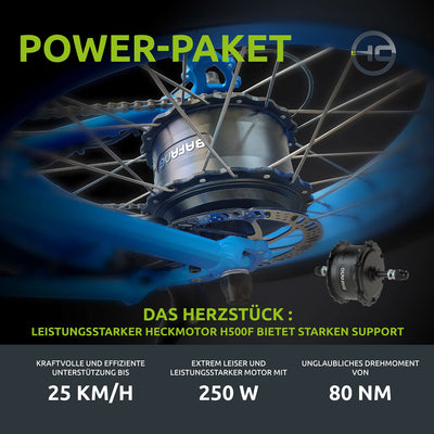Highphoria Elektrofahrrad Kinder 20 Zoll, Fat Tire E-Bike für Kids, 25 km/h 100km E-Mountainbike Elektro Fahrrad mit 48V 250W Motor, 7-Gänge Pedelec (Blau/Blau)