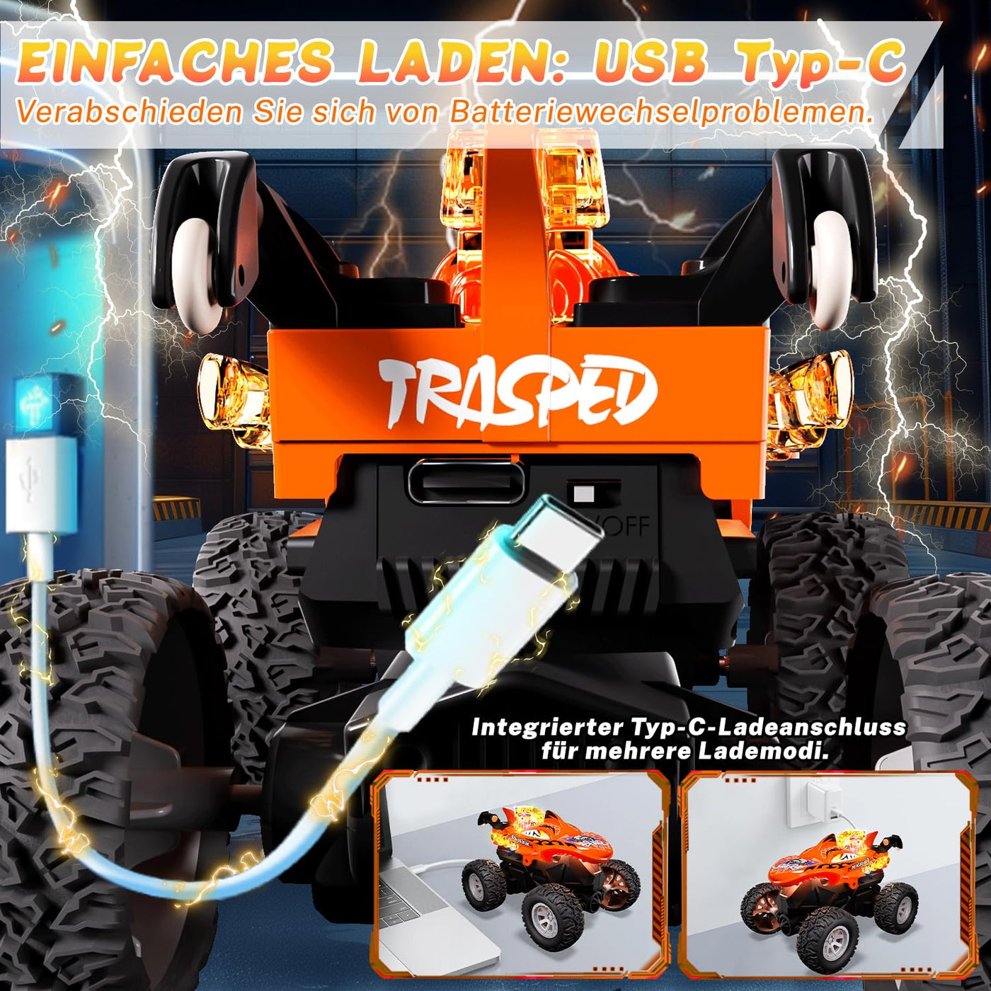 Mini Monstertruck Ferngesteuert, Hai Monster Truck mit Metallgehäuse & Licht, 2.4GHZ Ferngesteuerter Monstertruck mit 360°Drehung, USB-Type-C-Aufladung, 1/64 Ferngesteuertes Auto ab 3 4 5 6 7 8 Jahre