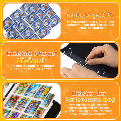LYAILOOGXL Sammelalbum für Pokemon 900 Karten Groß, Album Heft für Pokemon Karten zum sammeln und tauschen,Sammelkarten Album mit 50pcs Abnehmbaren Hüllen 9 Taschen,Tragbarer Wasserdichter