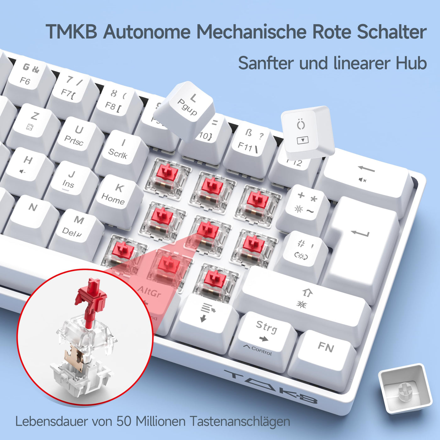 TMKB T61SE Gaming Mechanische Tastatur mit Deutsches QWERTZ Layout,Rote Schalter,weiße