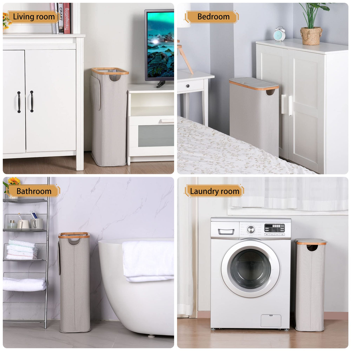 iEGrow Wäschekorb 60l, Wäschesammler Schmal mit Herausnehmbarer und Waschbarer Innentasche, Laundry Baskets mit Griffen für Kleidung, Spielzeug, Handtücher （hellgrau）