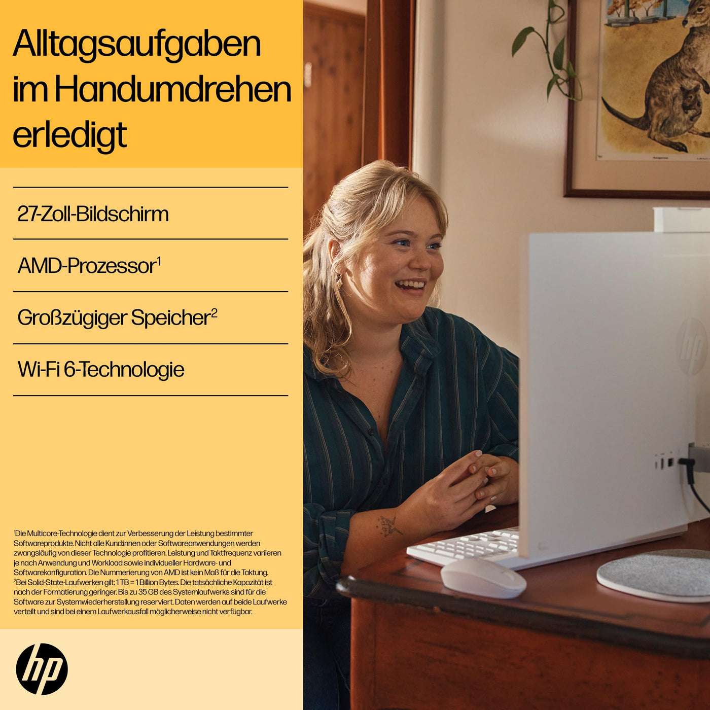 HP All-in-One Desktop-PC, 27" FHD Display, AMD Ryzen 5 7520U, 16 GB DDR5 RAM, 1 TB SSD, AMD Radeon-Grafikeinheit, Windows 11 Home, QWERTZ, Weiß, [Exklusiv bei Amazon]