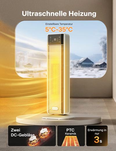 PELONIS Heizlüfter Energiesparend 2000W, Leise Keramik Heizlüfter mit Fernbedienung & Thermostat, 75° Oszillation & 24 Std. Timer, Elektrischer Heizlüfter für Schlafzimmer, Elektroheizung Heater 58CM