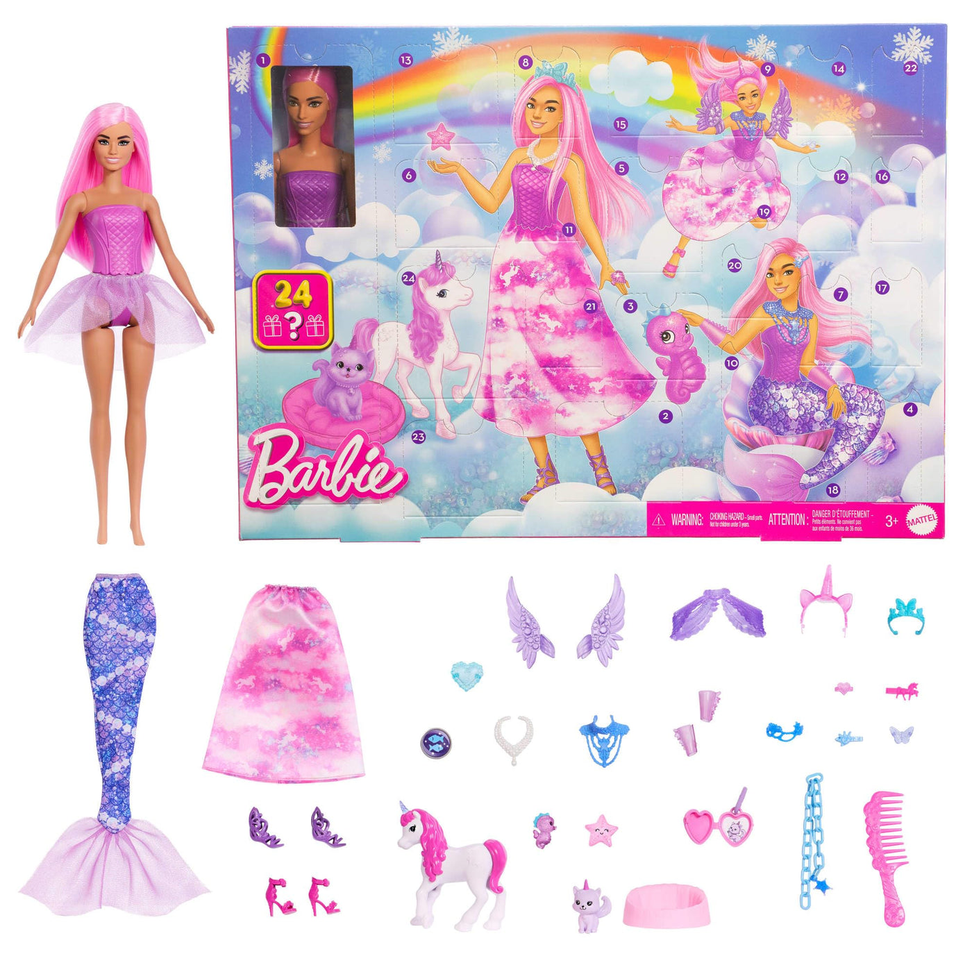 Barbie-Adventskalender mit Puppe und 24 Überraschungs-Accessoires mit Einhorn und Tieren, die Modepuppe kann in eine Meerjungfrau, Fee und mehr verwandelt Werden. ,JFL66