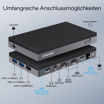 Orbsmart AW-15L Mini-PC Win11 Pro Desktop-PC | Computer | Micro-PC | lüfterlos | stromsparend (Intel N100 CPU, 16GB RAM, 512GB eMMC, USB-C, WiFi 6)
