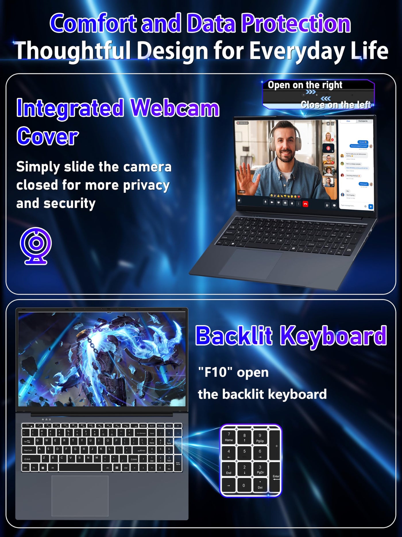 Fsjun 17,3 Zoll Laptop, N150(Beat N100 N97 N5095) bis zu 3,6 GHz, FHD IPS Display, 16 GB RAM, 960GB NVMe SSD, Beleuchtete Tastatur, großer Akku, HDMI, USB 3.0, Type-C, WLAN, PC