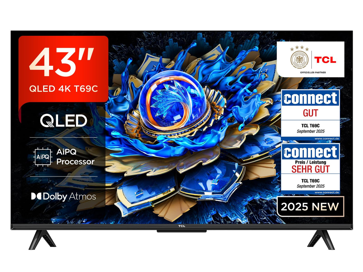TCL 43T69C 43 Zoll QLED, Direct LED TV, 4K HDR TV, Smart Google TV (Dolby Vision & Atmos, Motion Clarity, Kompatibel mit Google Assistant & Alexa)