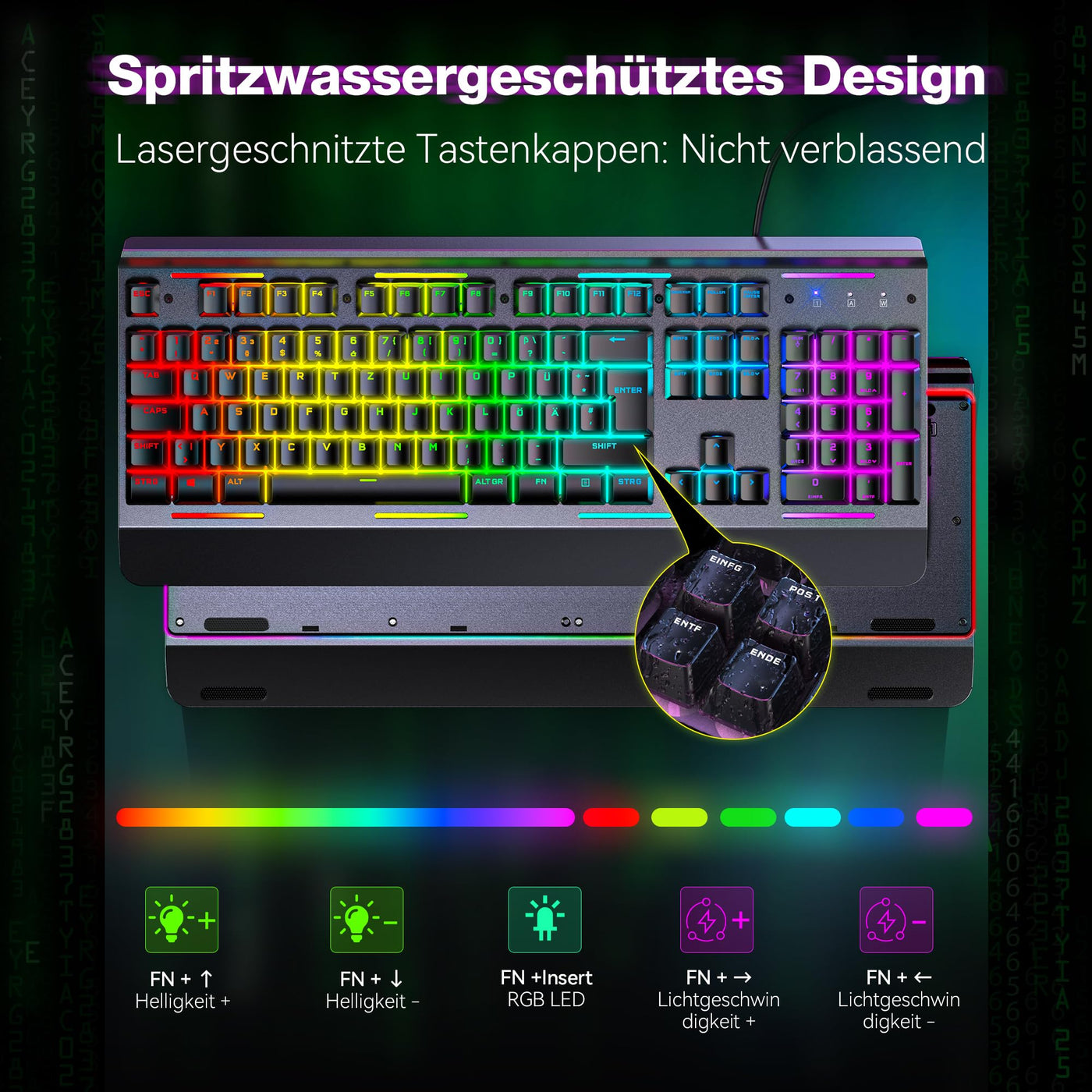 TECKNET RGB Gaming Tastatur für PC, Membran Tastatur mit 105 Tasten, Vollmetall-Pane, Handgelenkauflage,15-Zonen RGB Beleuchtung, 25 Anti-Ghosting-Tasten, Computer Keyboard, Deutsches Layout(QWERTZ)