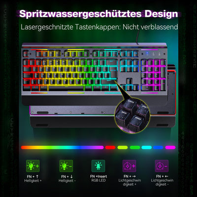 TECKNET RGB Gaming Tastatur für PC, Membran Tastatur mit 105 Tasten, Vollmetall-Pane, Handgelenkauflage,15-Zonen RGB Beleuchtung, 25 Anti-Ghosting-Tasten, Computer Keyboard, Deutsches Layout(QWERTZ)