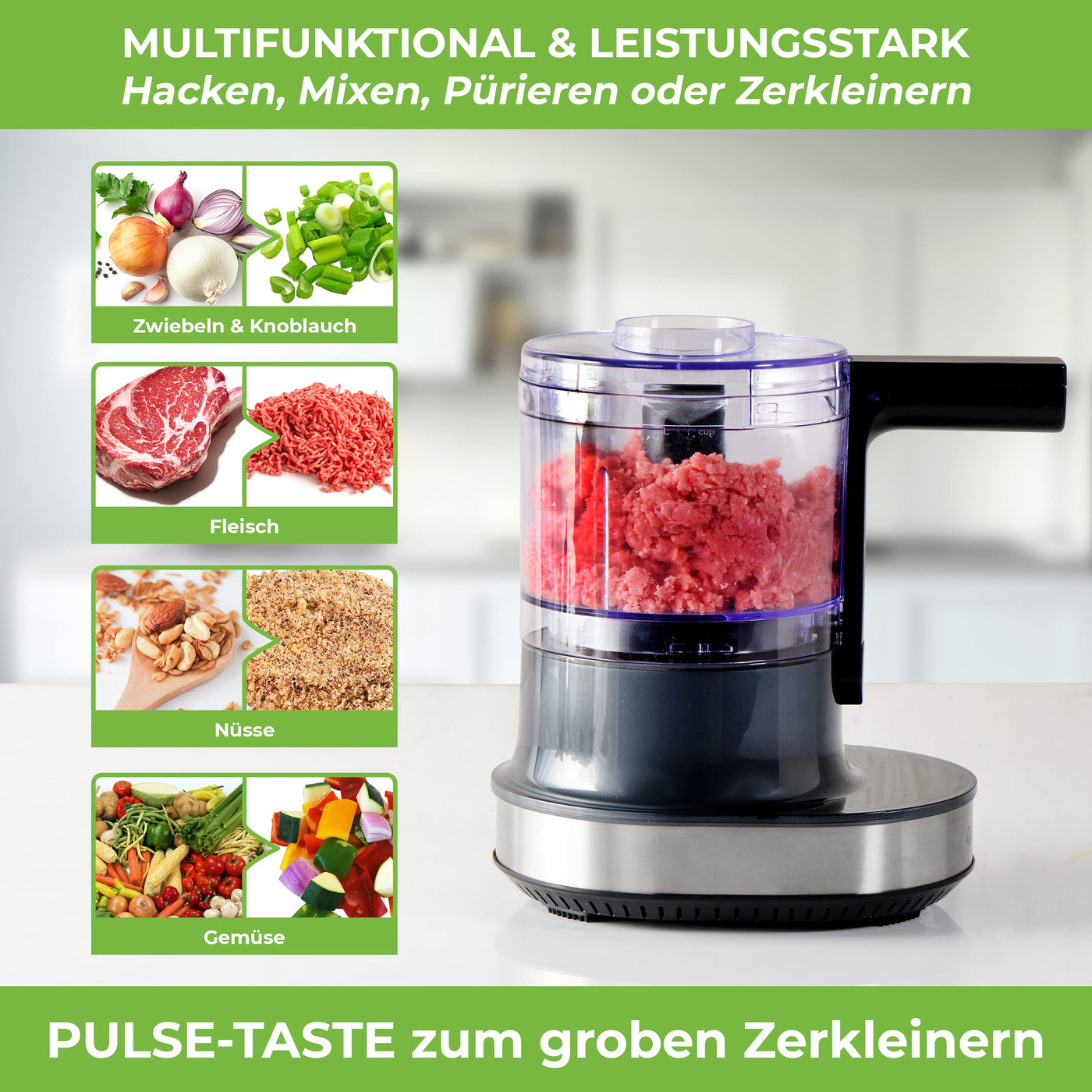 NUTRI-CHOPPER 4D Zerkleinerer Küche elektrisch mit AUTO-BLADE Funktion – BPA-frei – Deutsche Marke – Food Processor Universalzerkleiner Multizerkleinerer Zwiebel Fleisch Nüsse Pesto