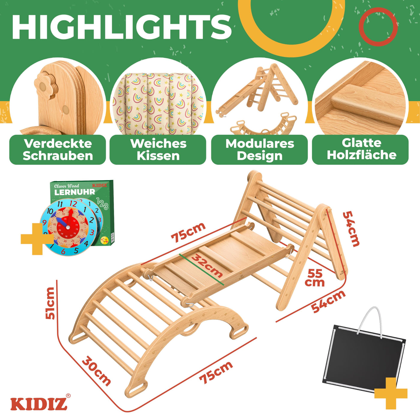 Kidiz® Klettergerüst Montessori 7in1 Spiel-Set mit Kletterbogen Rutsche Kletterdreieck aus Holz inklusive Kissen, Tafel & Lern-Uhr | Indoor Spielplatz für Kleinkinder ab 1 Jahr & Kinder bis 3 Jahre