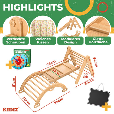 Kidiz® Klettergerüst Montessori 7in1 Spiel-Set mit Kletterbogen Rutsche Kletterdreieck aus Holz inklusive Kissen, Tafel & Lern-Uhr | Indoor Spielplatz für Kleinkinder ab 1 Jahr & Kinder bis 3 Jahre
