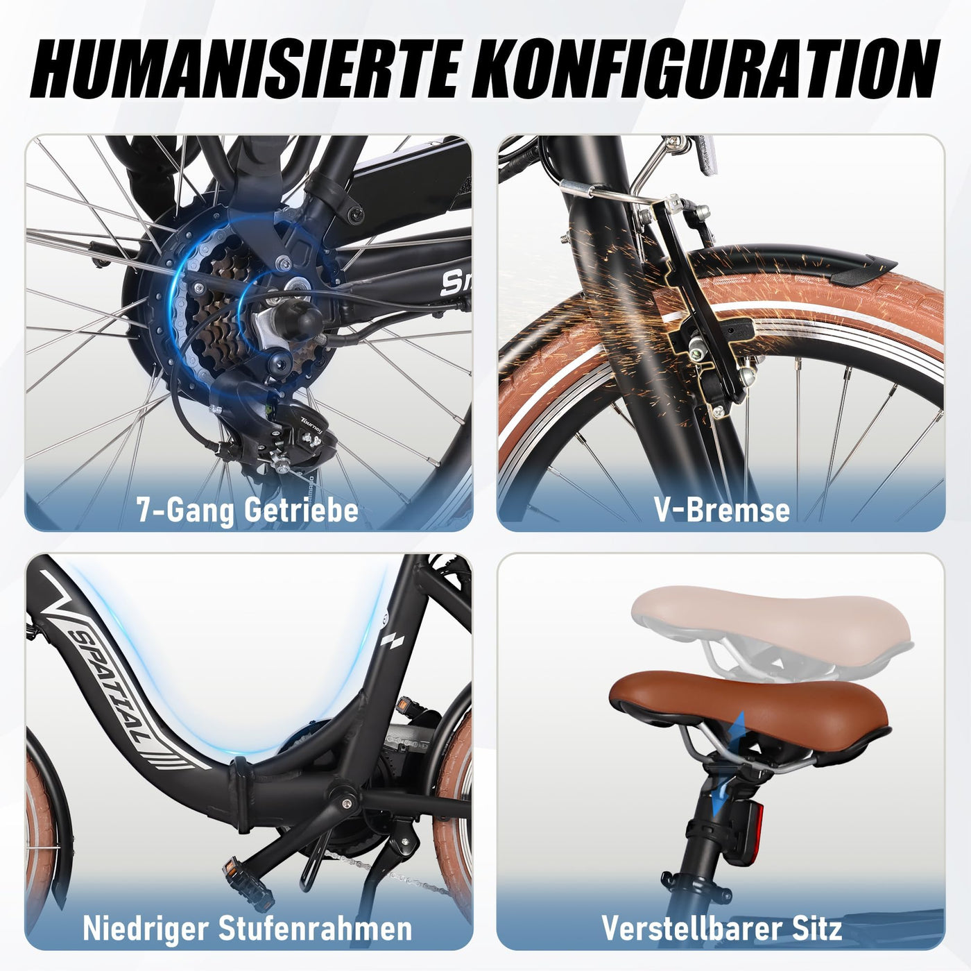 SPATIAL E Bike Klappard, 20 Zoll Elektrofahrrad, 40NM 250W Motor 36V 374.4Wh Batterie, 7 Gang Schaltung LCD Anzeige, Herren Damen City Ebike