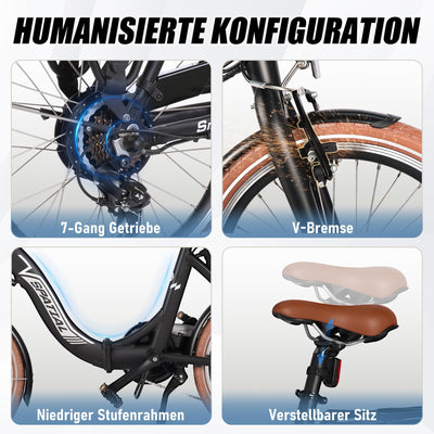 SPATIAL E Bike Klappard, 20 Zoll Elektrofahrrad, 40NM 250W Motor 36V 374.4Wh Batterie, 7 Gang Schaltung LCD Anzeige, Herren Damen City Ebike