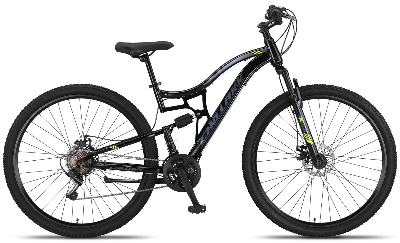 Chillaxx Bike Falcon Premium Mountainbike in 24 und 26 Zoll - Fahrrad für Jungen, Mädchen, Damen und Herren - Scheibenbremse- 21 Gang-Schaltung - Vollfederung (Schwarz-Disc-Bremse, 29 Zoll)