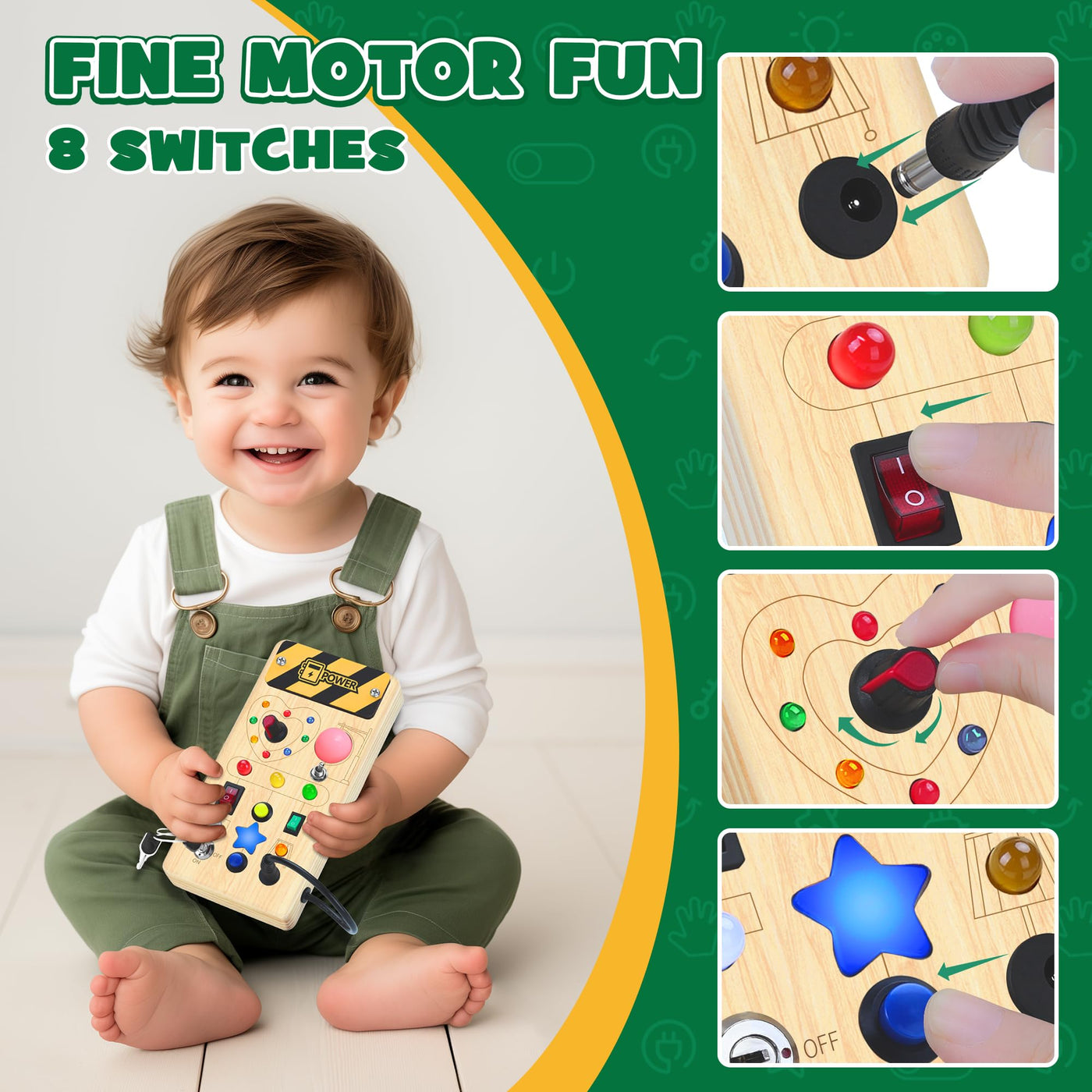 Montessori Busy Board - Montessori Spielzeug ab 1 Jahr Holzspielzeug mit 8 Schalter 15 LED Motorikspielzeug Activity Board Schalter Spielzeug für Jungen Mädchen ab 1 2 3 Jahre (Standardausgabe)