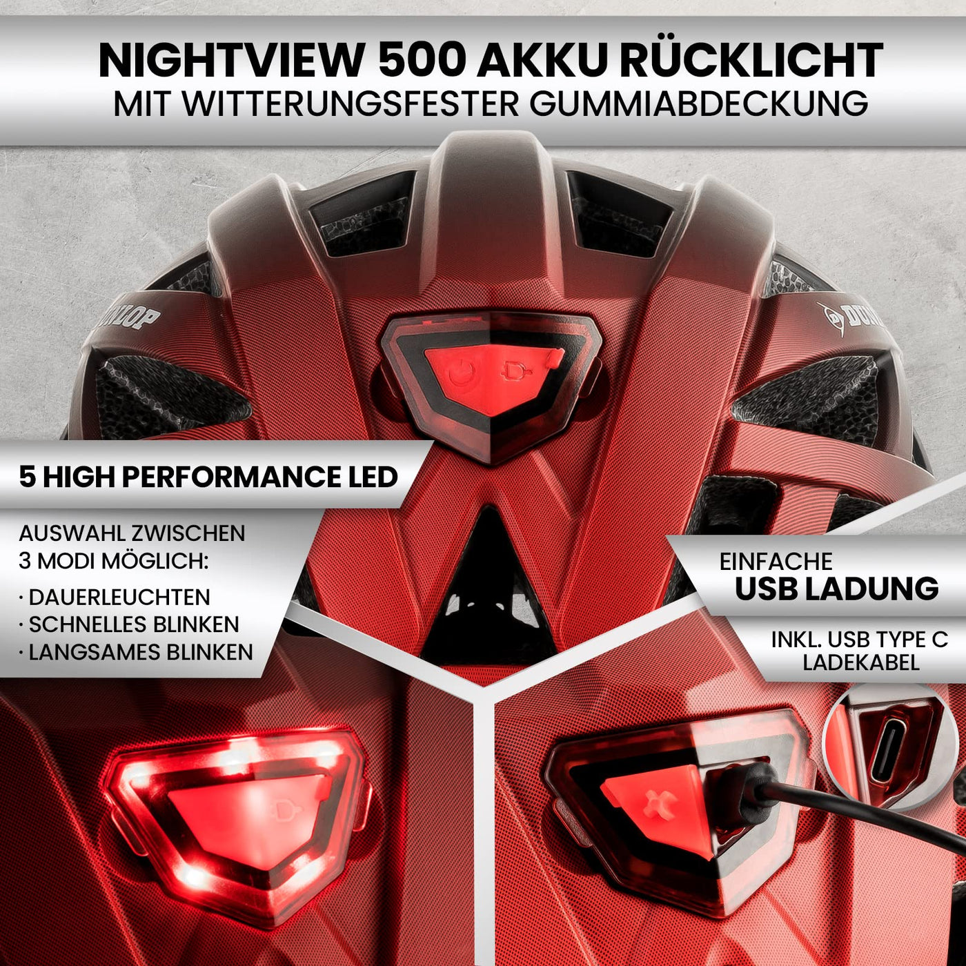 Dunlop Sports Fahrradhelm mit Licht-Sofort gesehen Werden-Ultraleichter Spezial Damen Herren Kinder Fahrrad Helm mit Visier und Rücklicht für hohe Sicherheit-Urban Helm (Schwarz/Rot, M (55-59 cm))